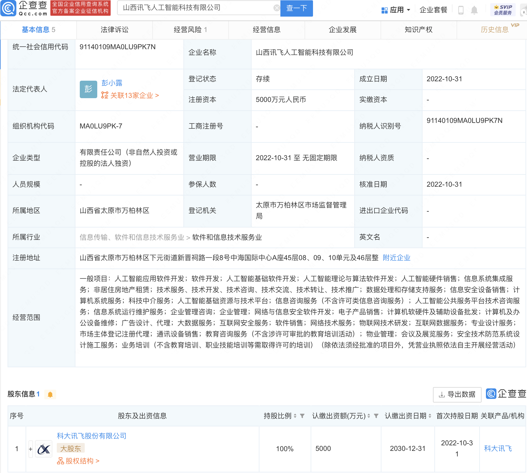 科大讯飞于山西新设子公司,注册资本5000万